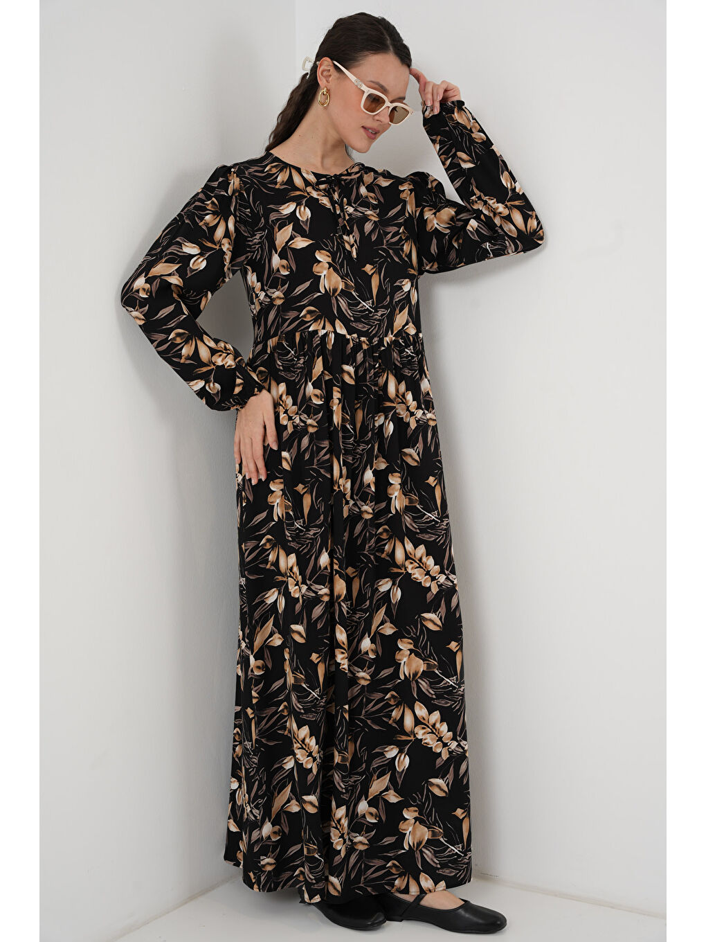 1947 Desenli Uzun Elbise - L. Siyah-3