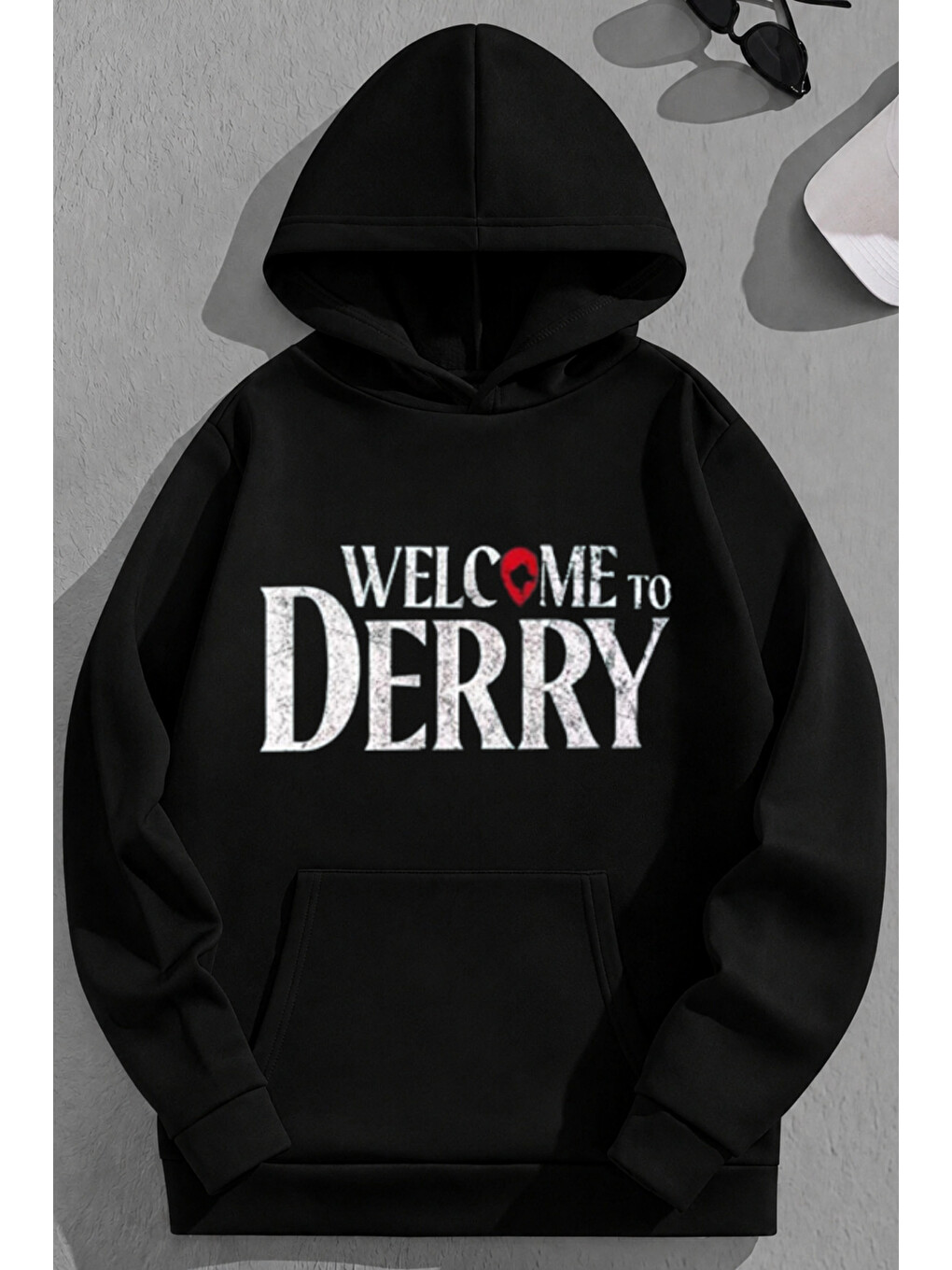 Unisex 3 İplik Pamuklu Siyah Welcometoderry Baskı Bol Kalıp Sweatshirt Hoodie