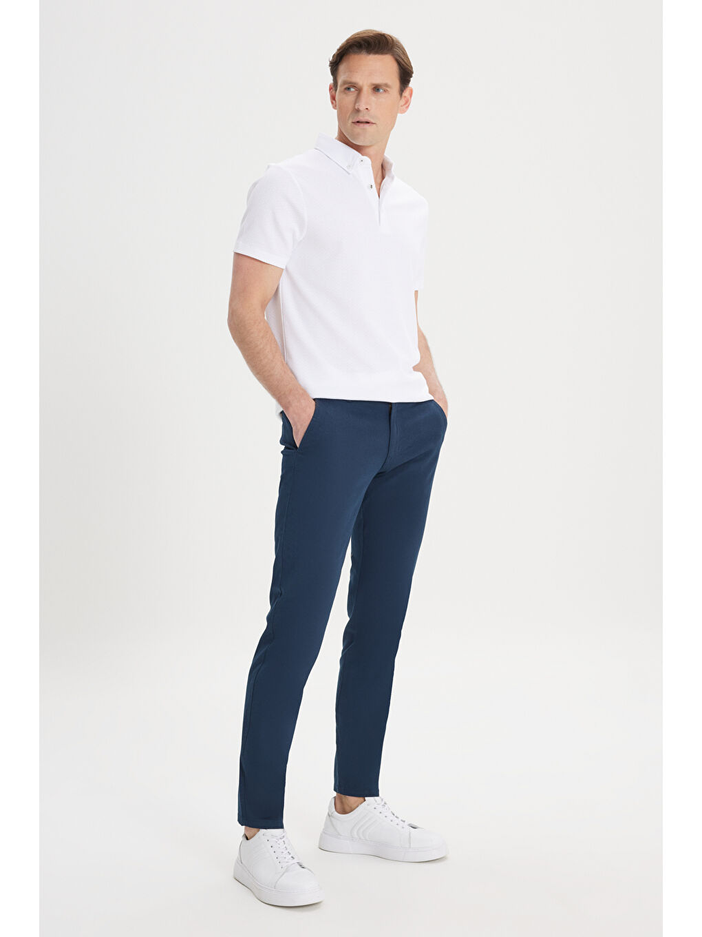 Erkek Lacivert Slim Fit Dar Kesim Yan Cep Pamuklu Esnek Chino Pantolon-3