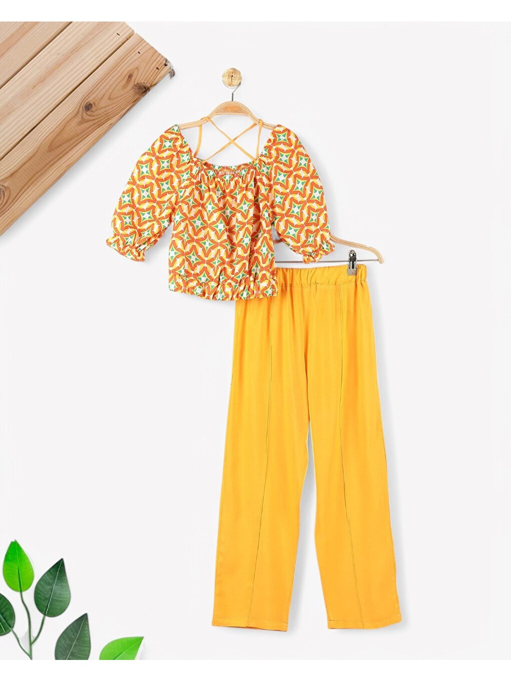 Turuncu Kız Çocuk Yazlık Etnik Desen Bluzlu, Müslin Pantalonlu 6-7-8-9-10 Yaş Bol Paçalı Takım-1
