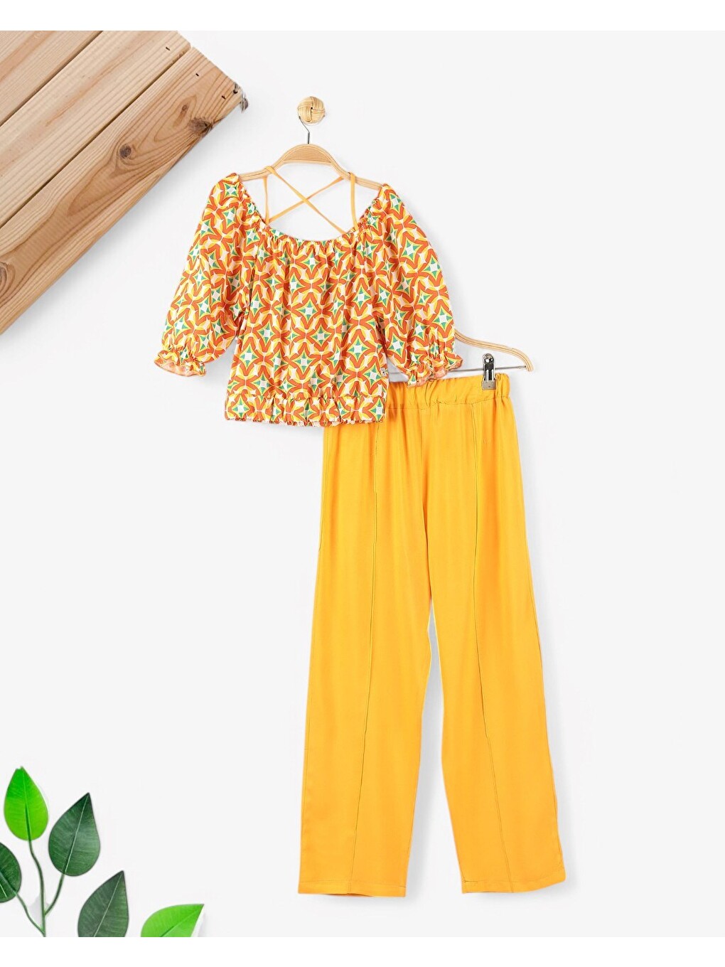 Turuncu Kız Çocuk Yazlık Etnik Desen Bluzlu, Müslin Pantalonlu 6-7-8-9-10 Yaş Bol Paçalı Takım-4