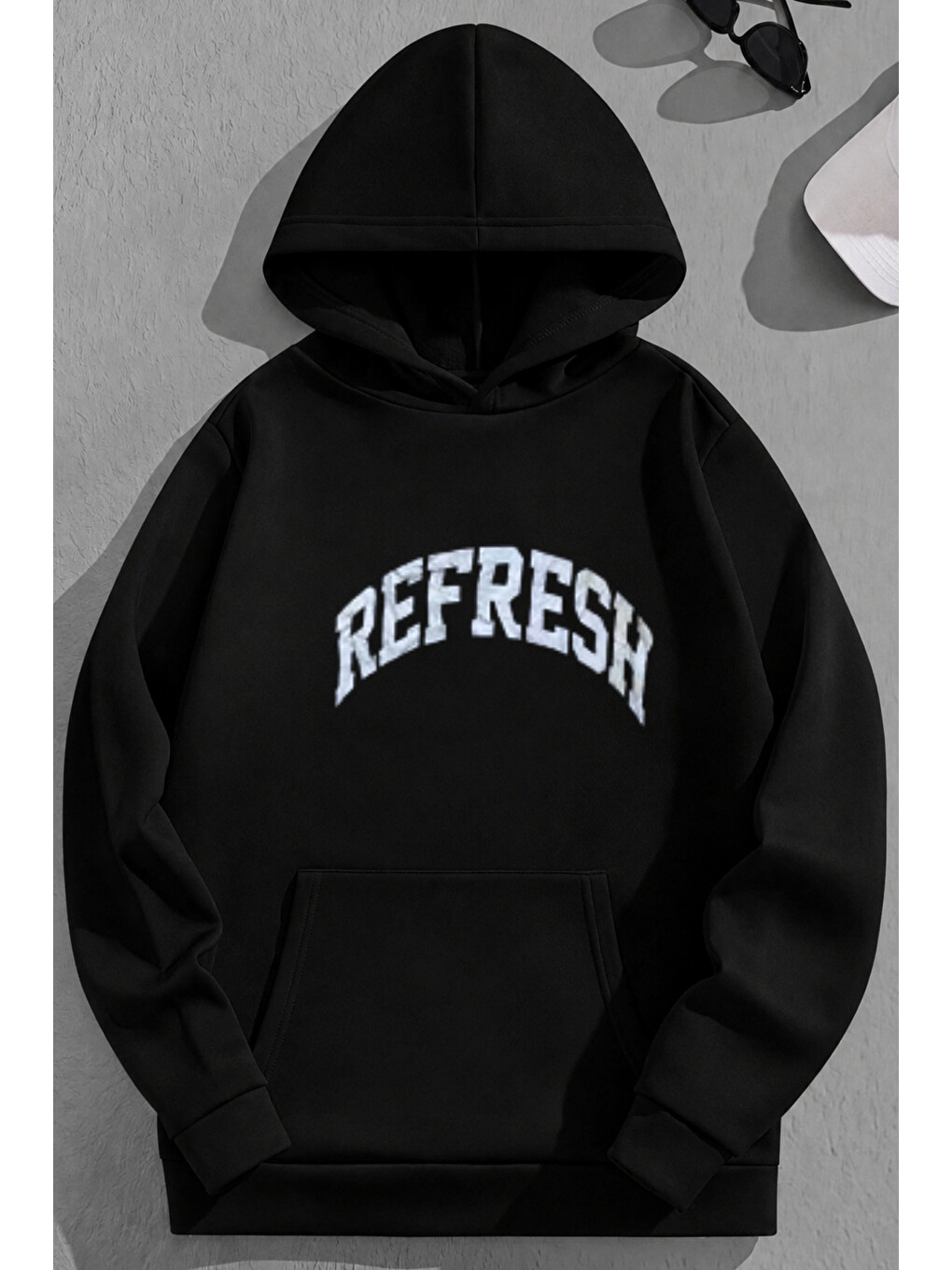 Unisex 3 İplik Pamuklu Siyah Refresh Baskı Bol Kalıp Sweatshirt Hoodie