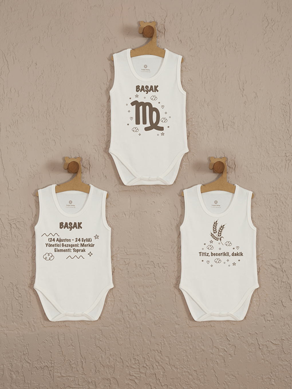 Ekru Bisiklet Yaka Başak Burcu Baskılı Unisex Bebek Body 3’lü