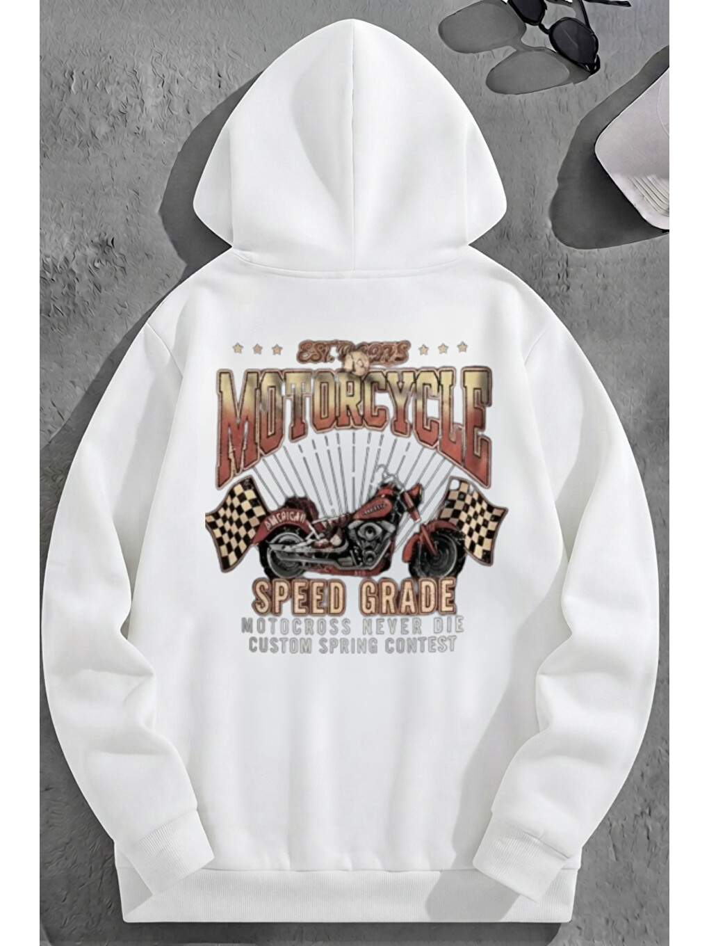 Unisex 3 İplik Pamuklu Beyaz Motorcyclesg Baskı Bol Kalıp Sweatshirt Hoodie