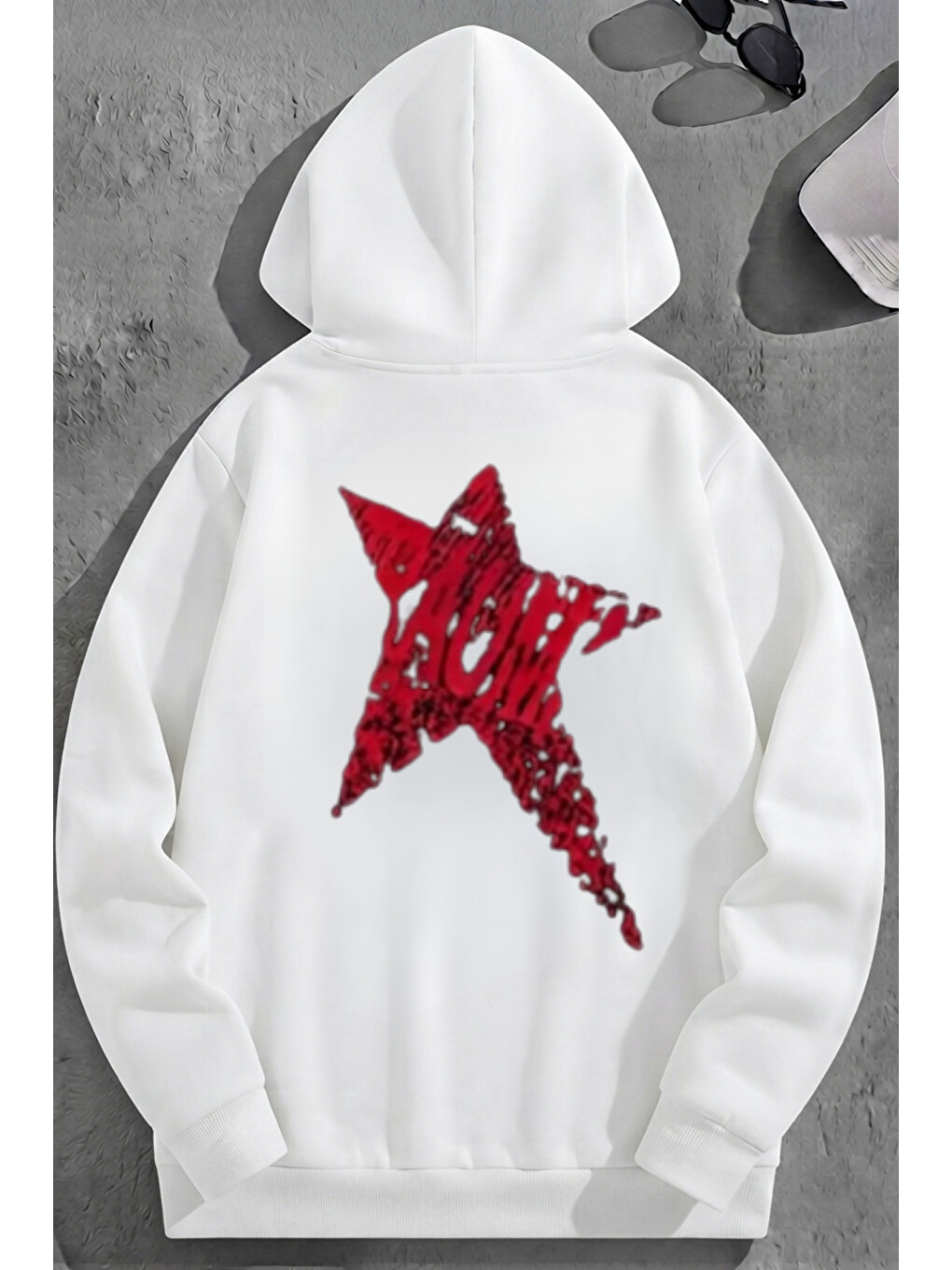 Unisex 3 İplik Pamuklu Beyaz Redstar Baskı Bol Kalıp Sweatshirt Hoodie