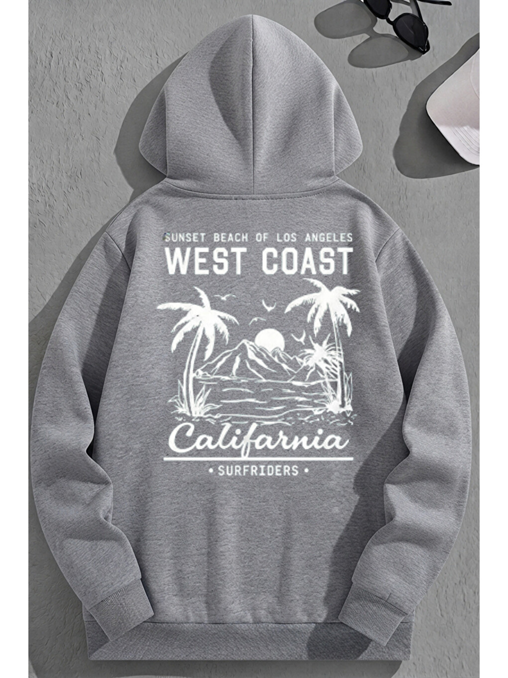 Unisex 3 İplik Pamuklu Gri Wcoast Baskı Bol Kalıp Sweatshirt Hoodie