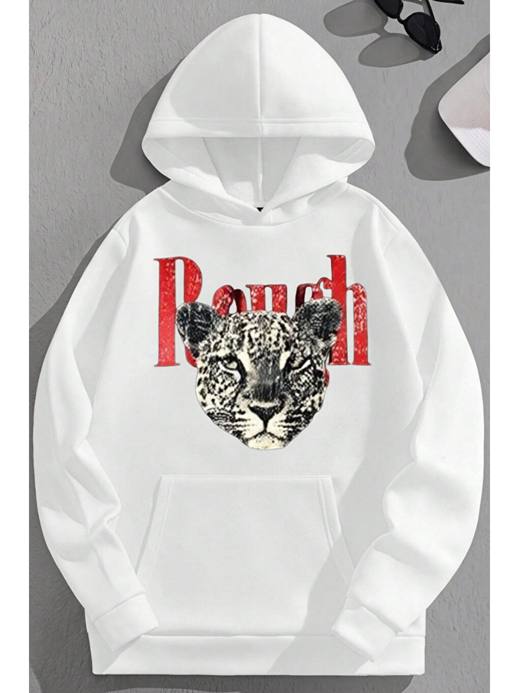Unisex 3 İplik Pamuklu Beyaz Ranch Baskı Bol Kalıp Sweatshirt Hoodie