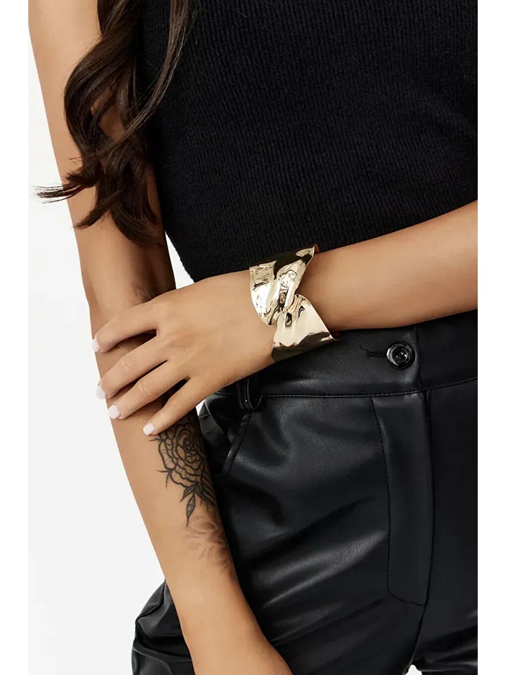 Sarı Yaprak Temalı Metal Kalın Cuff Bileklik-7