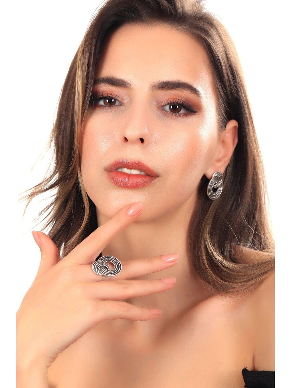 Gri Kadın Antik Gümüş Kaplama Ayarlanabilir Hediye Yüzük & Çivili Model Küpe Seti-1