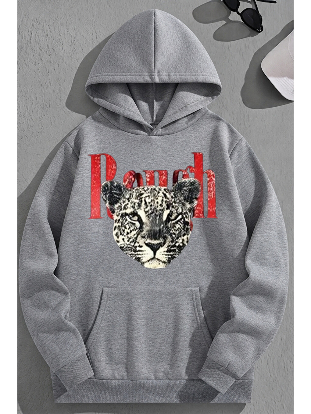Unisex 3 İplik Pamuklu Gri Ranch Baskı Bol Kalıp Sweatshirt Hoodie