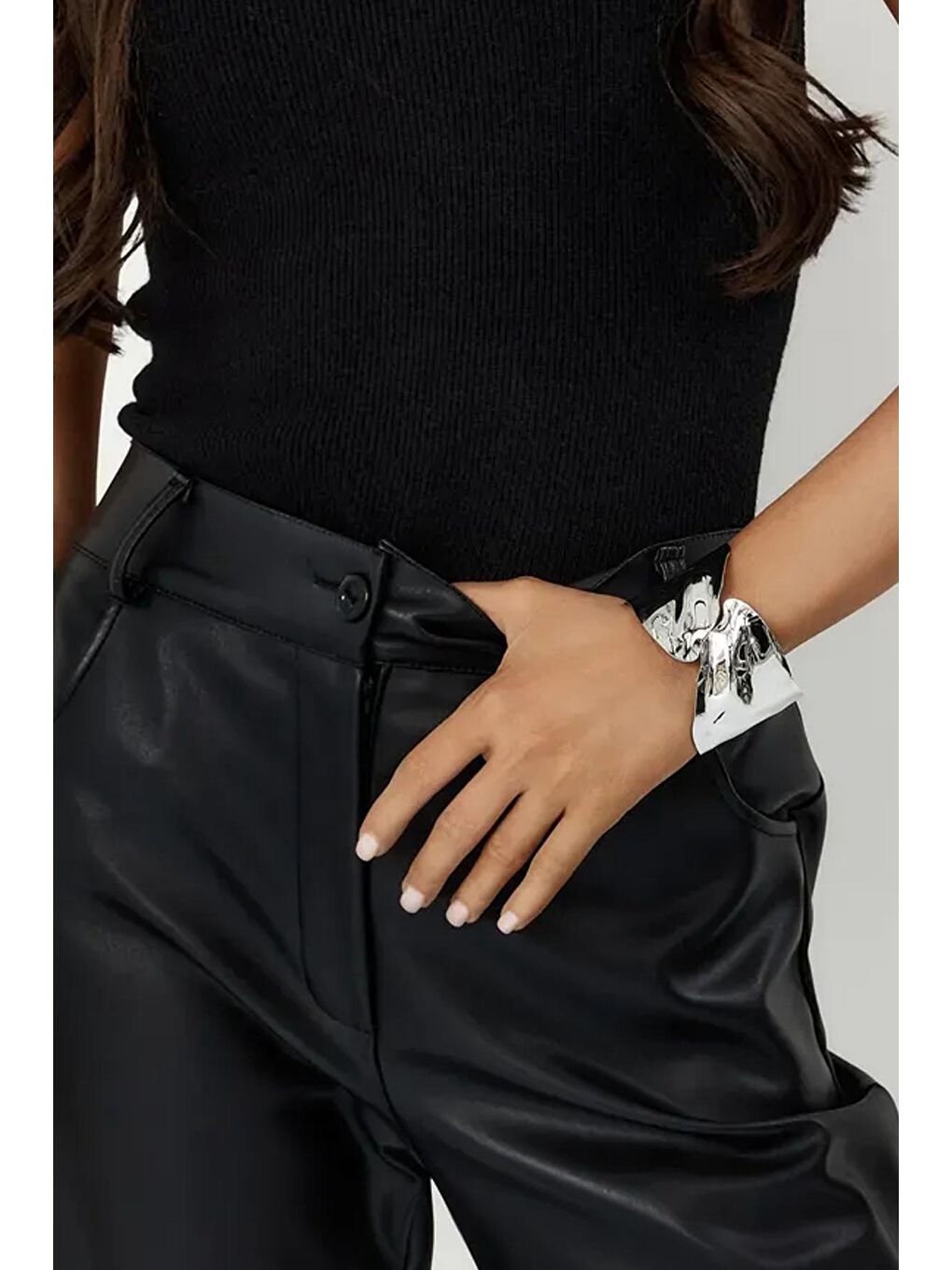 Gri Yaprak Temalı Metal Kalın Cuff Bileklik-9