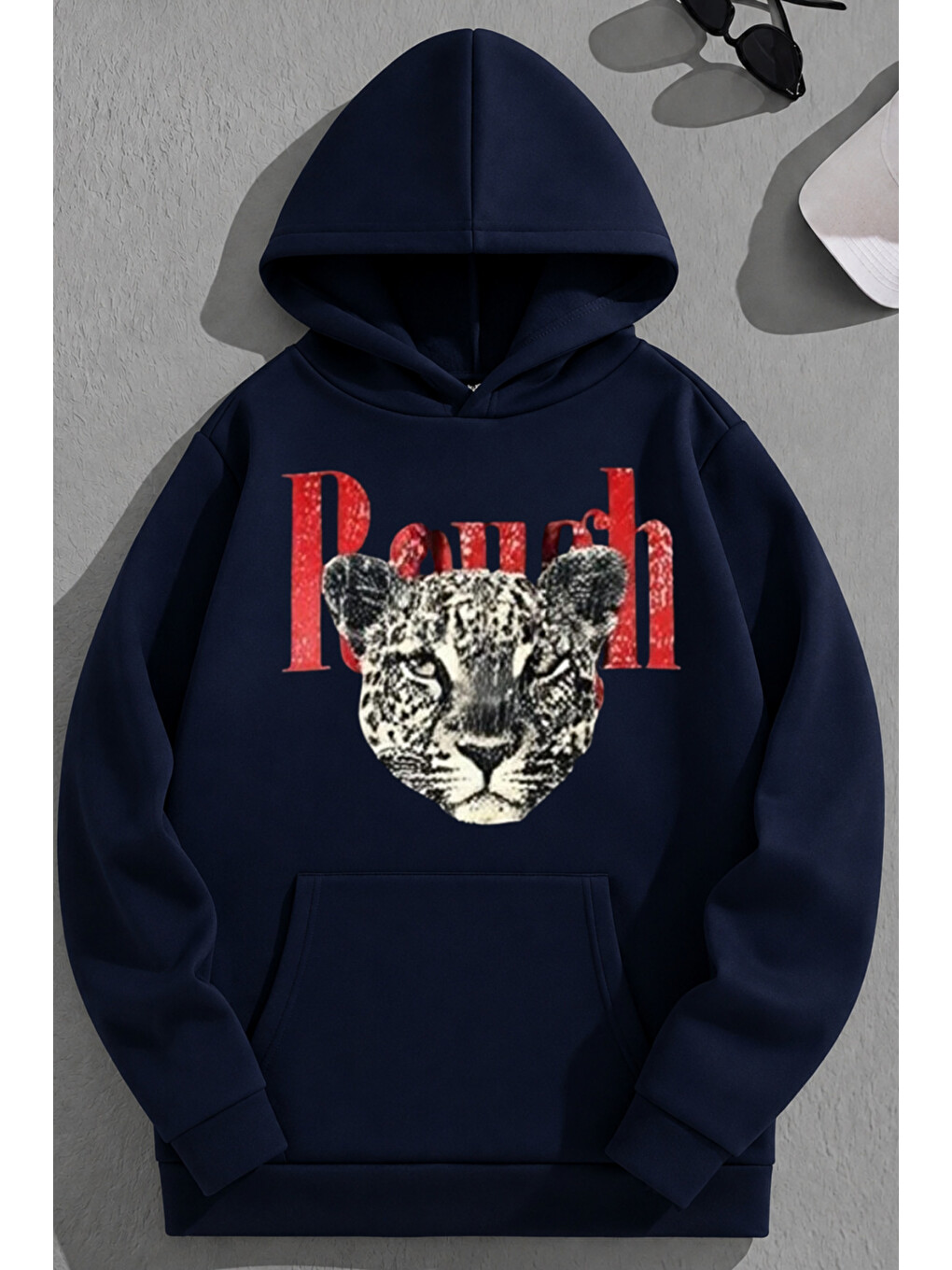 Unisex 3 İplik Pamuklu Lacivert Ranch Baskı Bol Kalıp Sweatshirt Hoodie
