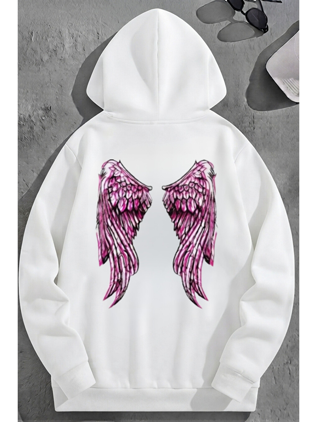 Unisex 3 İplik Pamuklu Beyaz Pairofwing Baskı Bol Kalıp Sweatshirt Hoodie