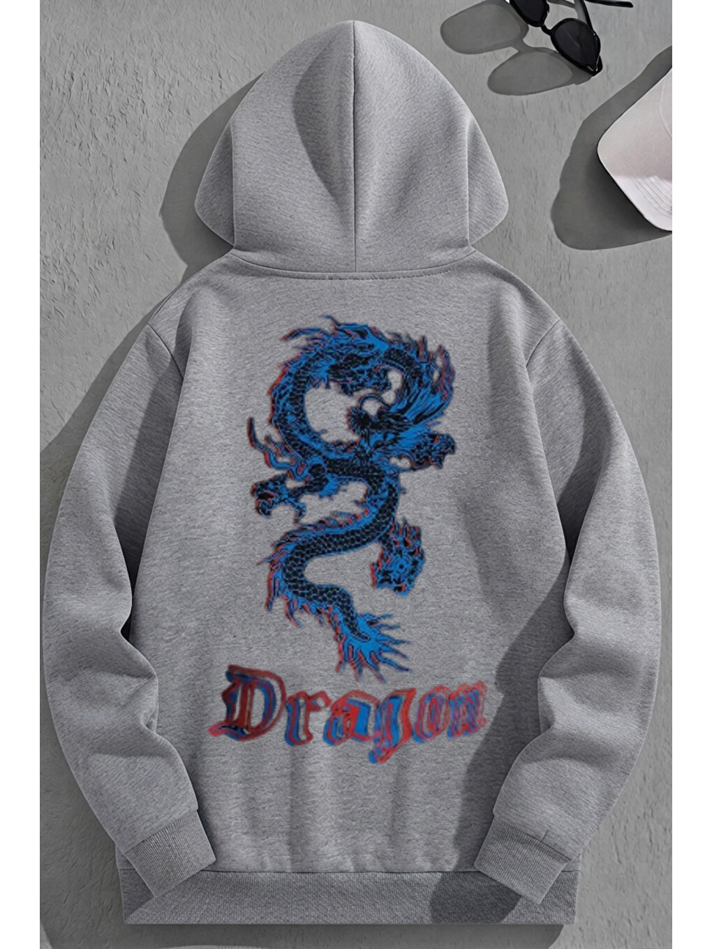 Unisex 3 İplik Pamuklu Gri Mavidragon Baskı Bol Kalıp Sweatshirt Hoodie