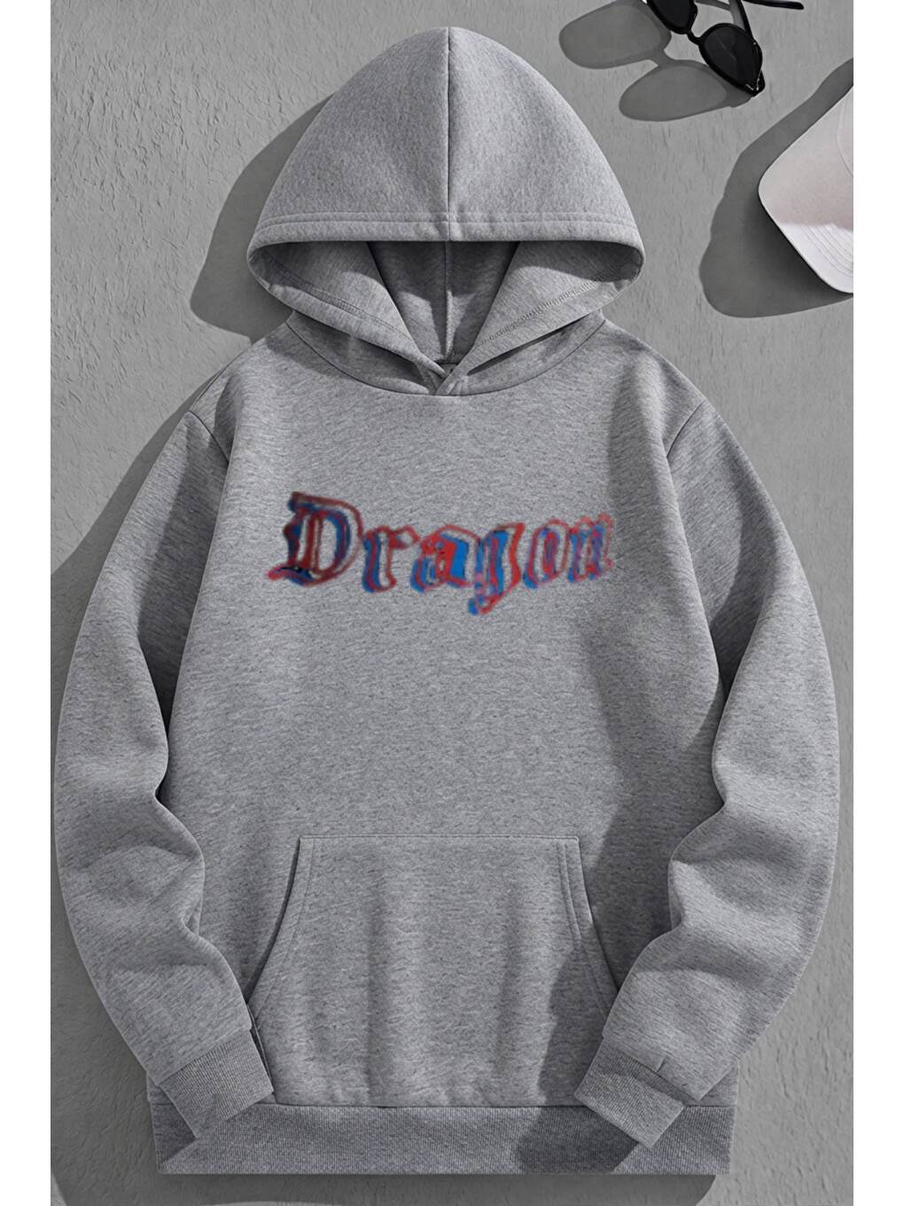 Unisex 3 İplik Pamuklu Gri Mavidragon Baskı Bol Kalıp Sweatshirt Hoodie-1