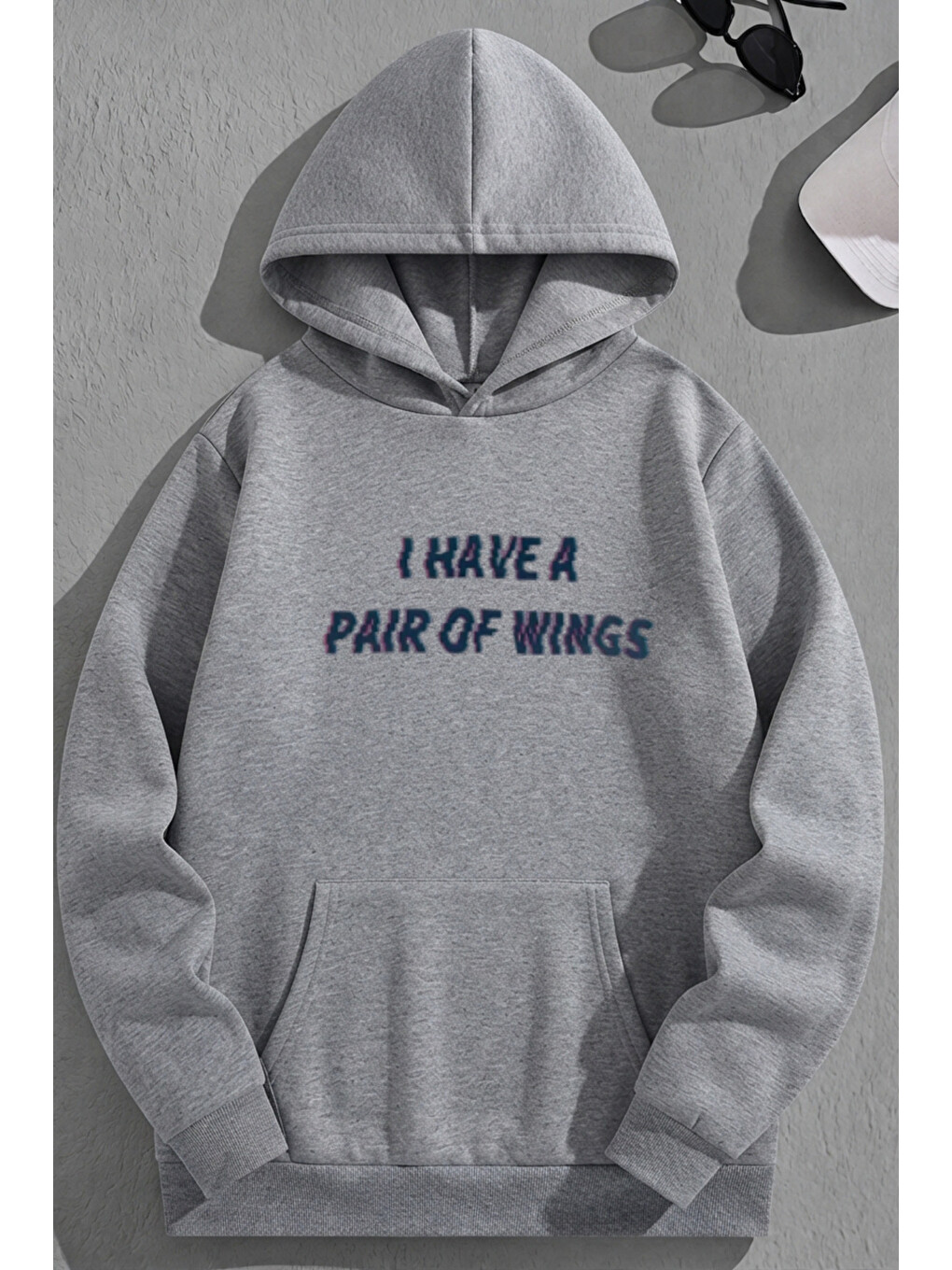 Unisex 3 İplik Pamuklu Gri Pairofwing Baskı Bol Kalıp Sweatshirt Hoodie-1