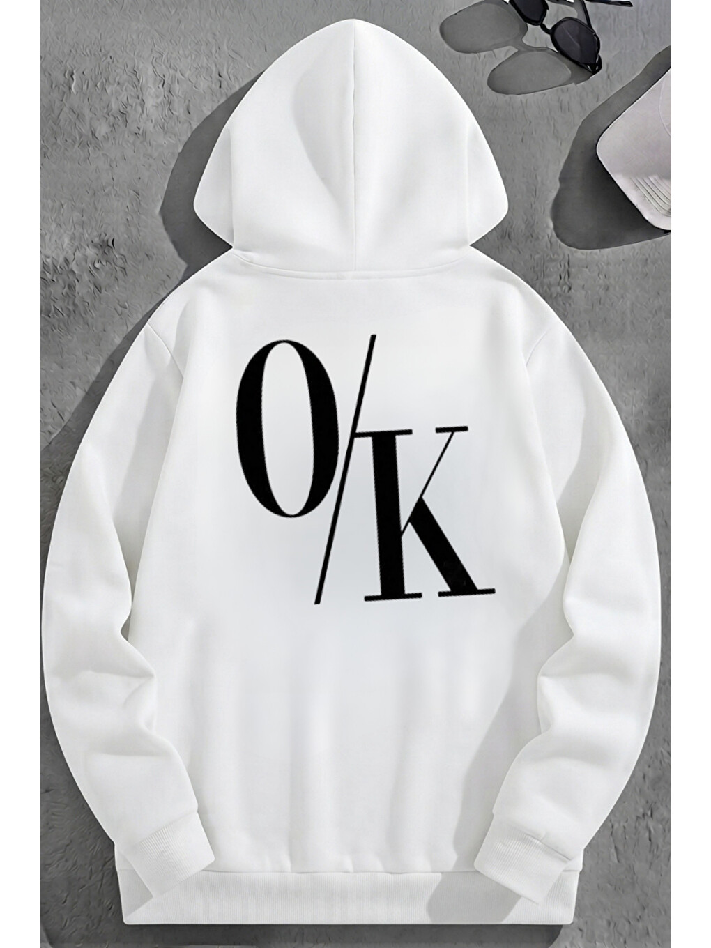 Unisex 3 İplik Pamuklu Beyaz O/k Baskı Bol Kalıp Sweatshirt Hoodie