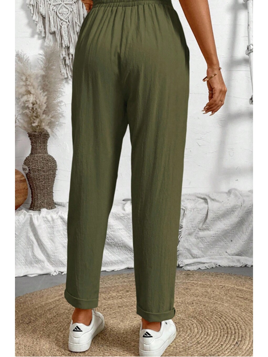 Haki Kadın Keten Karışımlı Beli Lastikli Bağcıklı Rahat Kalıp Pantolon-2