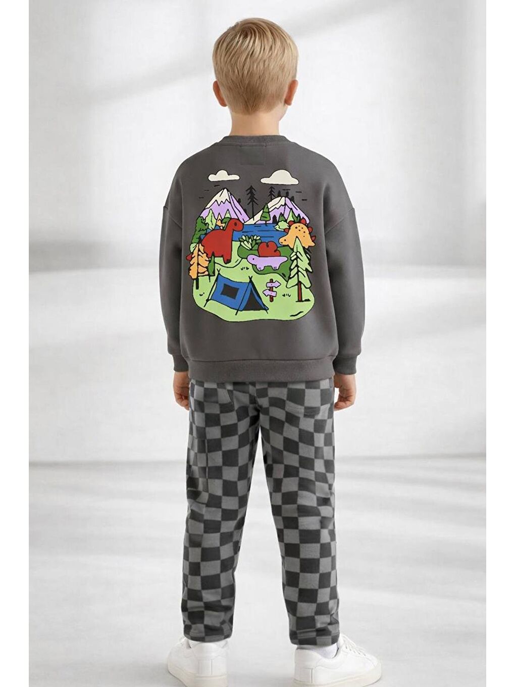 Gri Erkek Çocuk Baskılı 3 İplik Kumaş Jogger Pantolonlu Altüst Takım-1