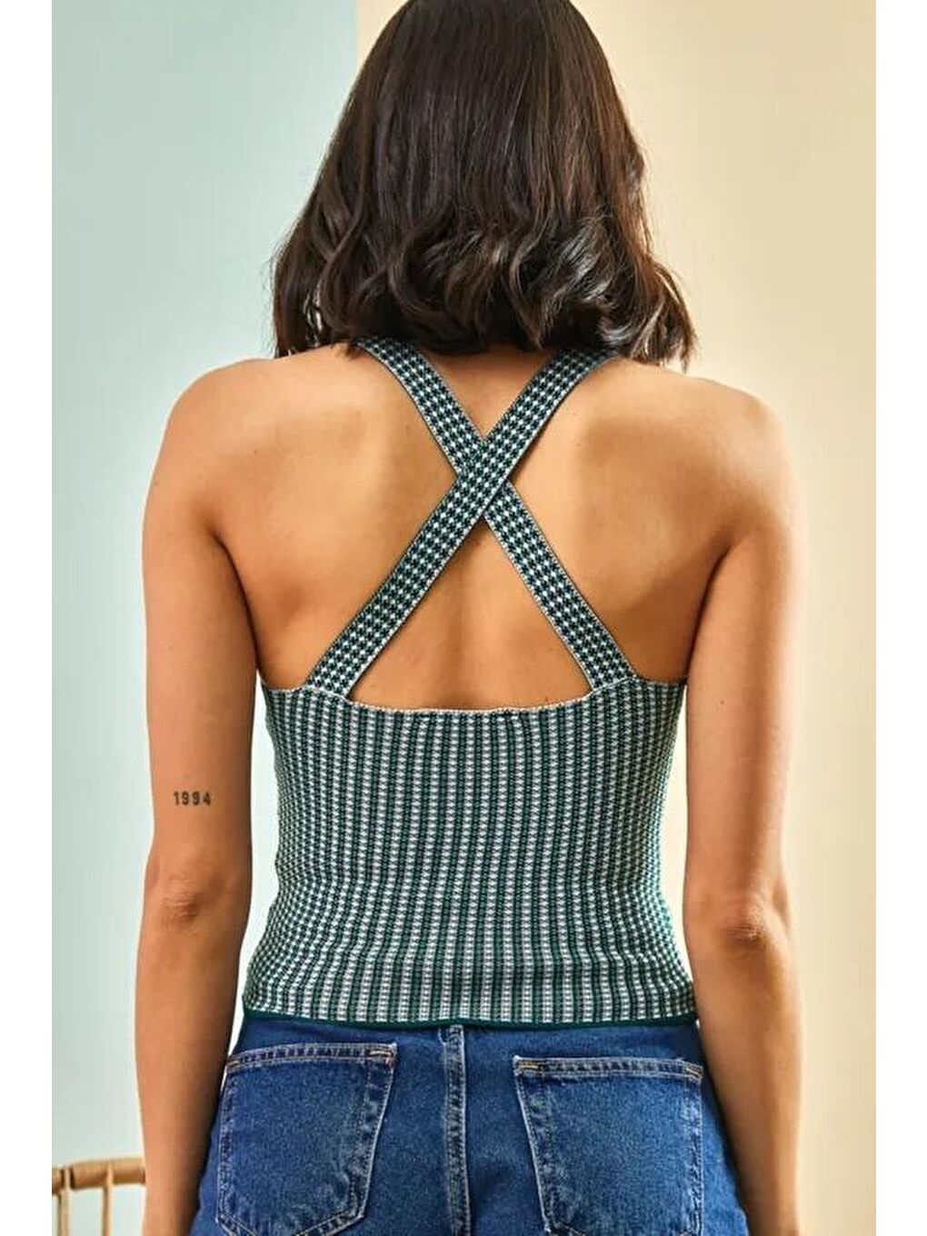 Yeşil Kadın Çapraz Askılı Triko Bluz-2