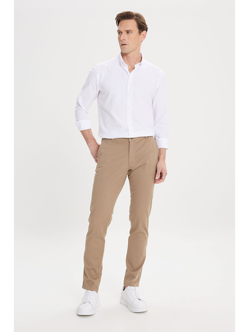 Kahverengi Erkek Camel Slim Fit Dar Kesim Yan Cep Pamuklu Esnek Chino Pantolon