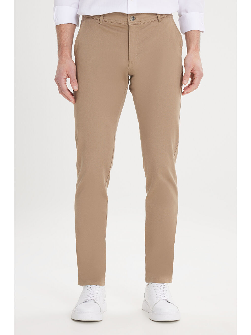 Kahverengi Erkek Camel Slim Fit Dar Kesim Yan Cep Pamuklu Esnek Chino Pantolon-1