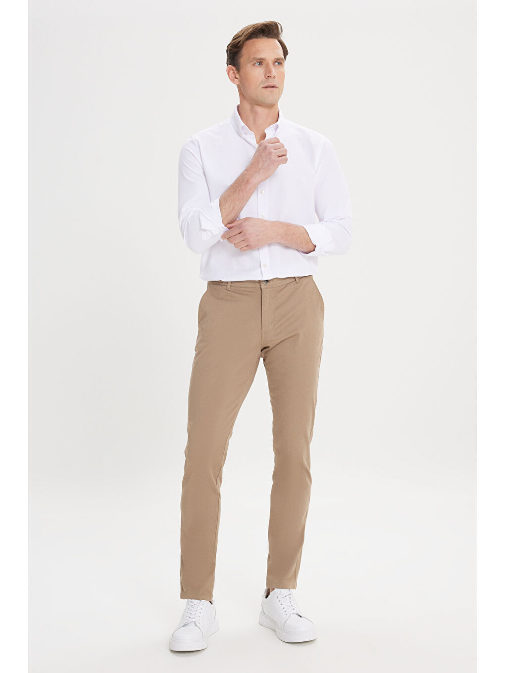 Kahverengi Erkek Camel Slim Fit Dar Kesim Yan Cep Pamuklu Esnek Chino Pantolon-2