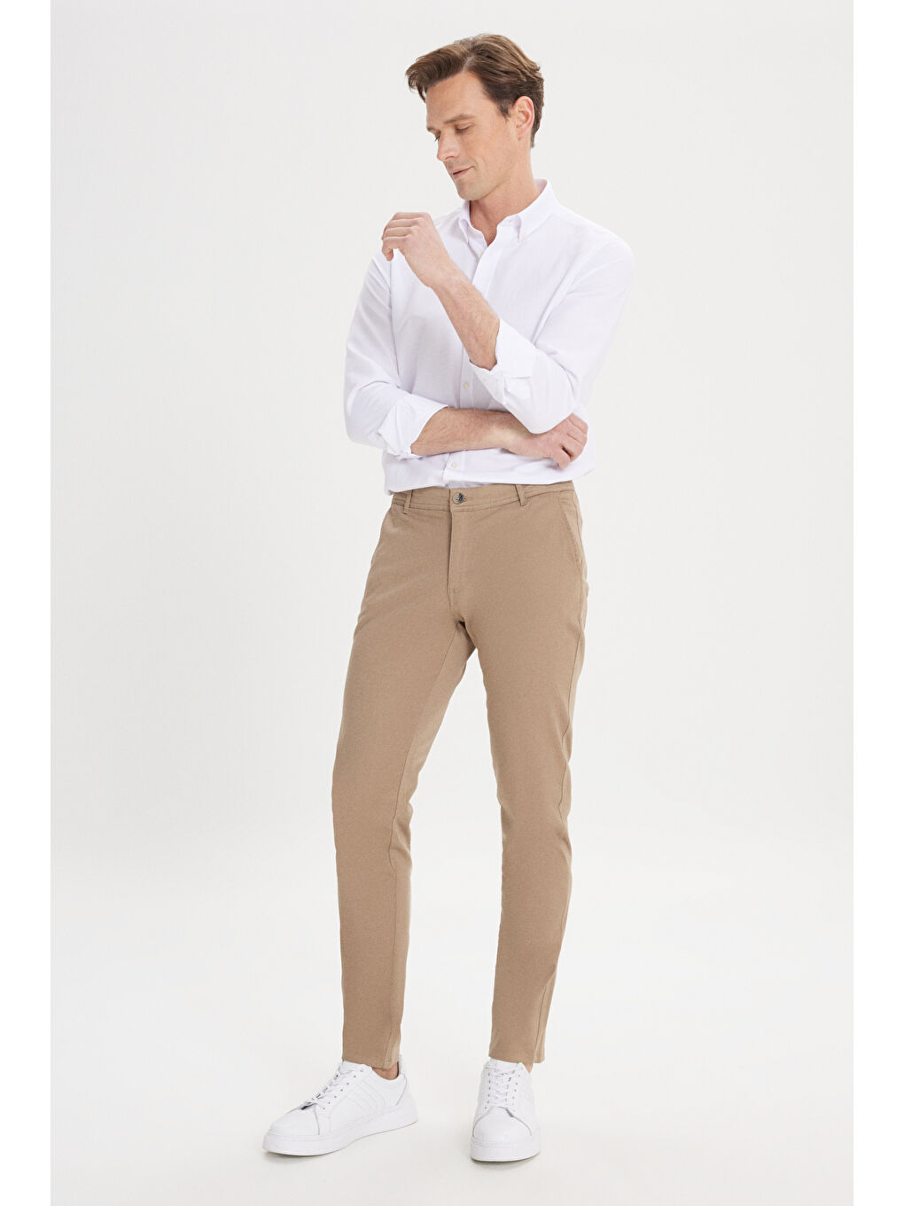 Kahverengi Erkek Camel Slim Fit Dar Kesim Yan Cep Pamuklu Esnek Chino Pantolon-3