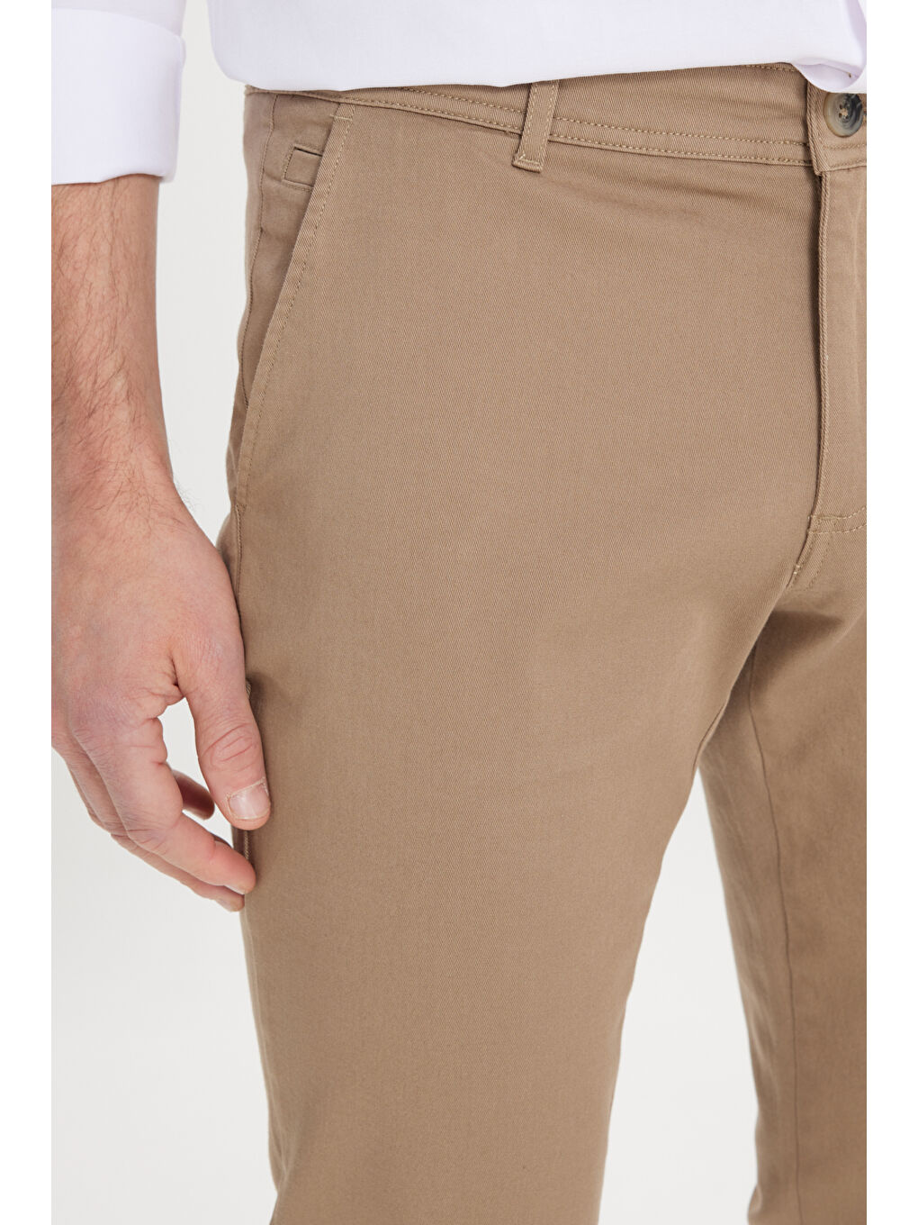 Kahverengi Erkek Camel Slim Fit Dar Kesim Yan Cep Pamuklu Esnek Chino Pantolon-4