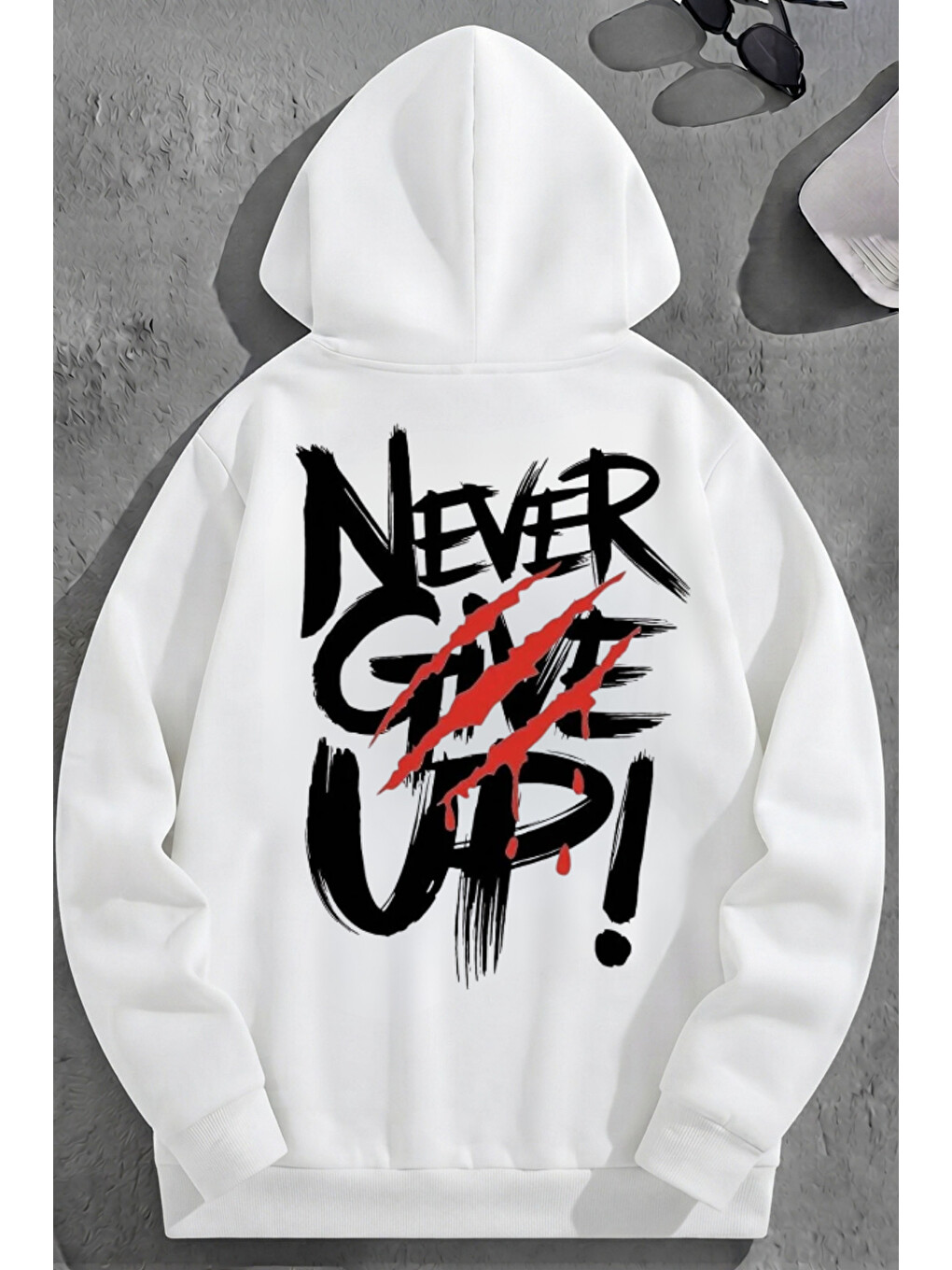 Unisex 3 İplik Pamuklu Beyaz Nevergiveup Baskı Bol Kalıp Sweatshirt Hoodie