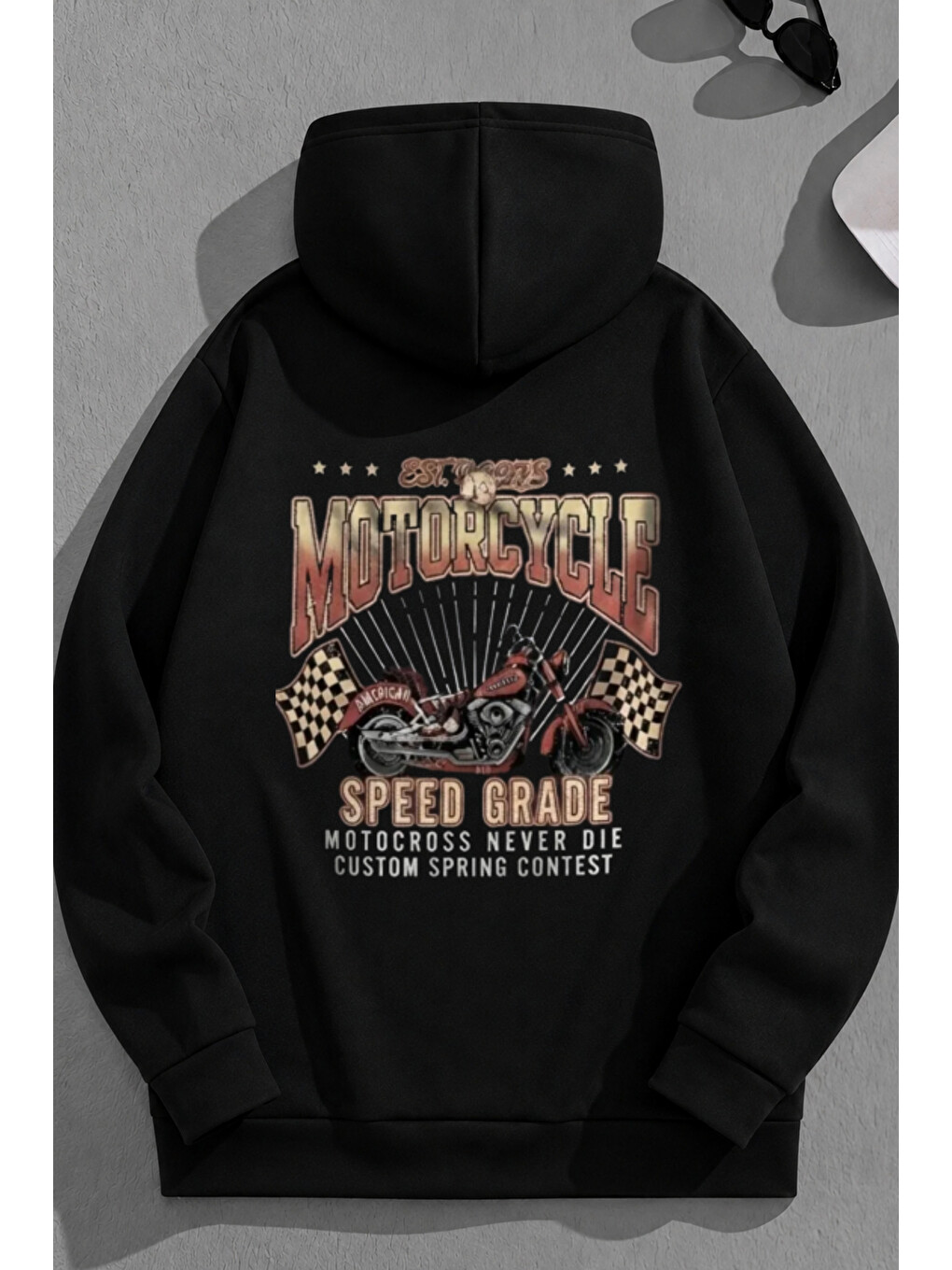 Unisex 3 İplik Pamuklu Siyah Motorcyclesg Baskı Bol Kalıp Sweatshirt Hoodie
