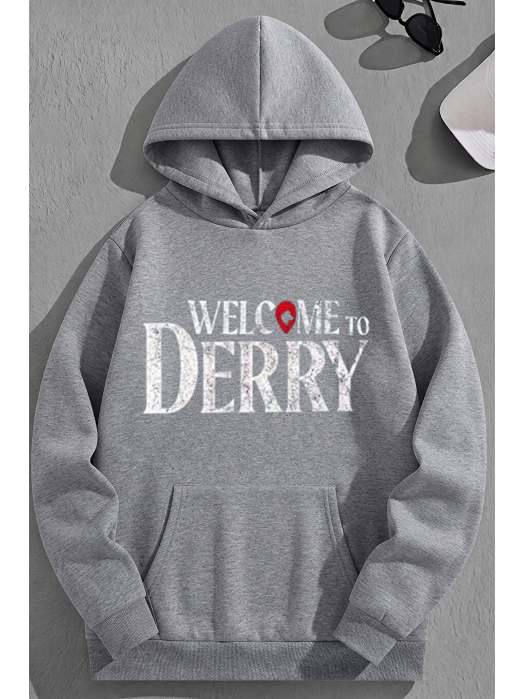 Unisex 3 İplik Pamuklu Gri Welcometoderry Baskı Bol Kalıp Sweatshirt Hoodie