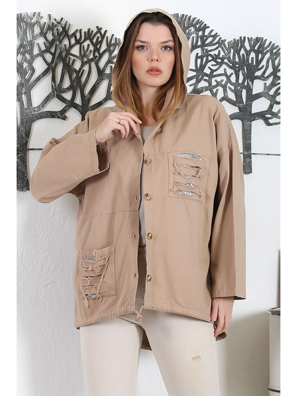 Kahverengi Açık Kahve Kapüşonlu Uzun Kol Düğmeli Cepli Pul Payetli Casual Standart Boy Dokuma Ceket-1