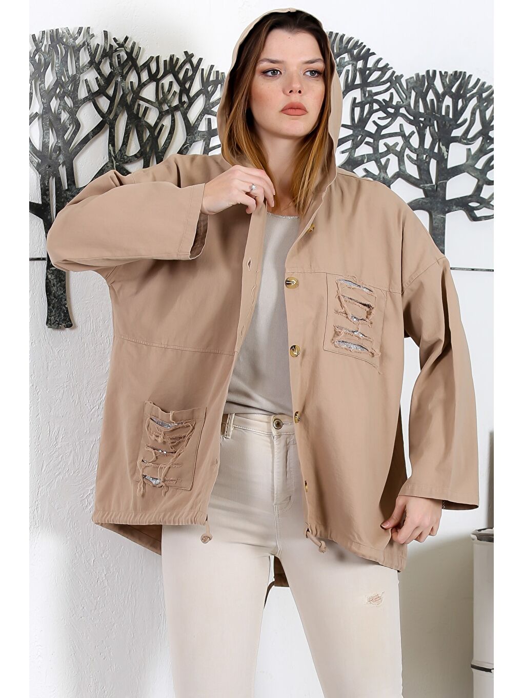 Kahverengi Açık Kahve Kapüşonlu Uzun Kol Düğmeli Cepli Pul Payetli Casual Standart Boy Dokuma Ceket-2