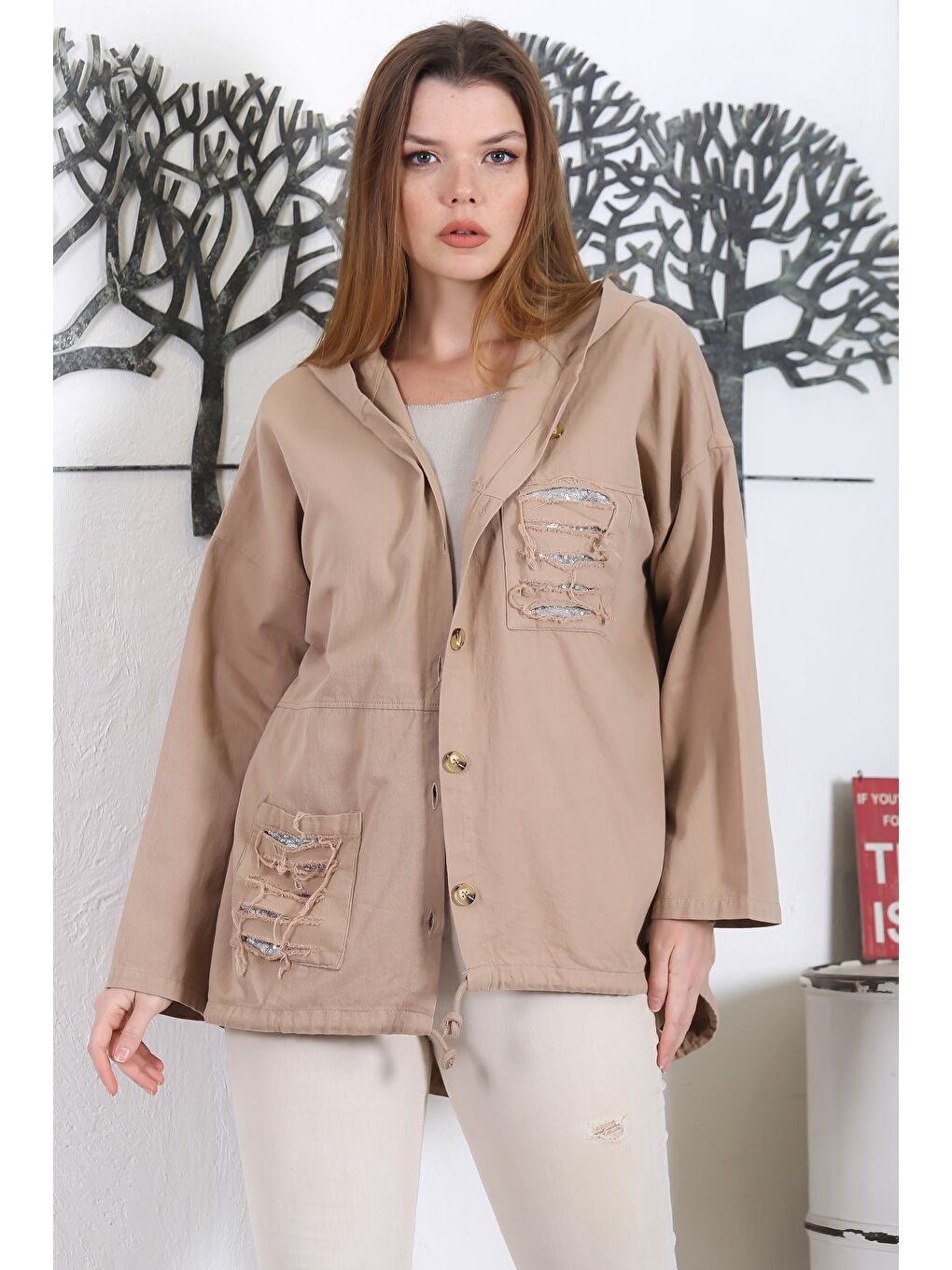 Kahverengi Açık Kahve Kapüşonlu Uzun Kol Düğmeli Cepli Pul Payetli Casual Standart Boy Dokuma Ceket-3