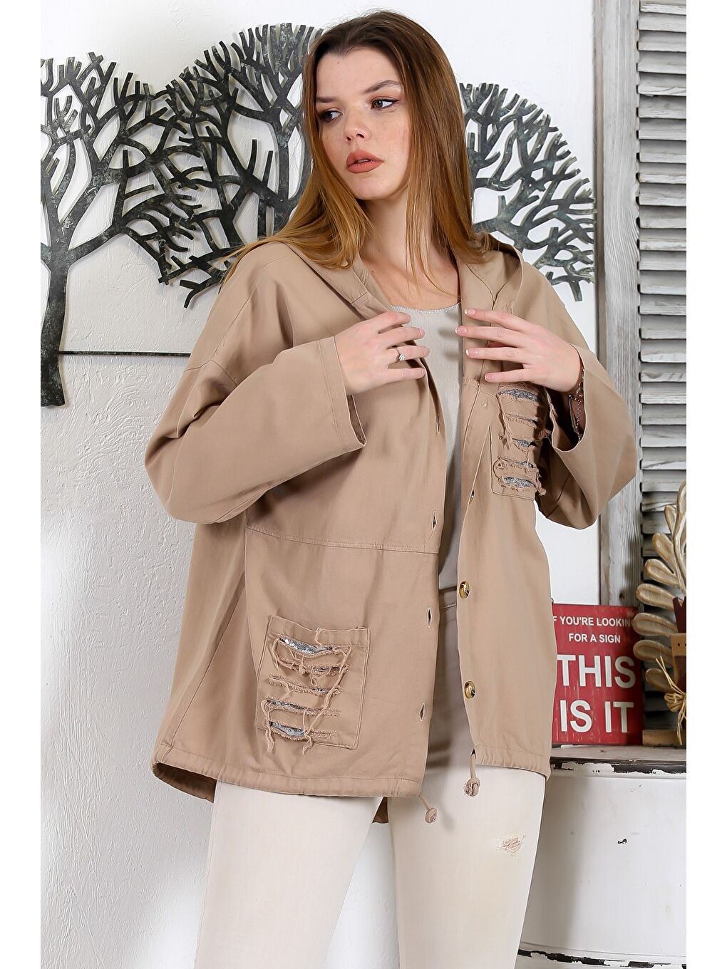 Kahverengi Açık Kahve Kapüşonlu Uzun Kol Düğmeli Cepli Pul Payetli Casual Standart Boy Dokuma Ceket-4