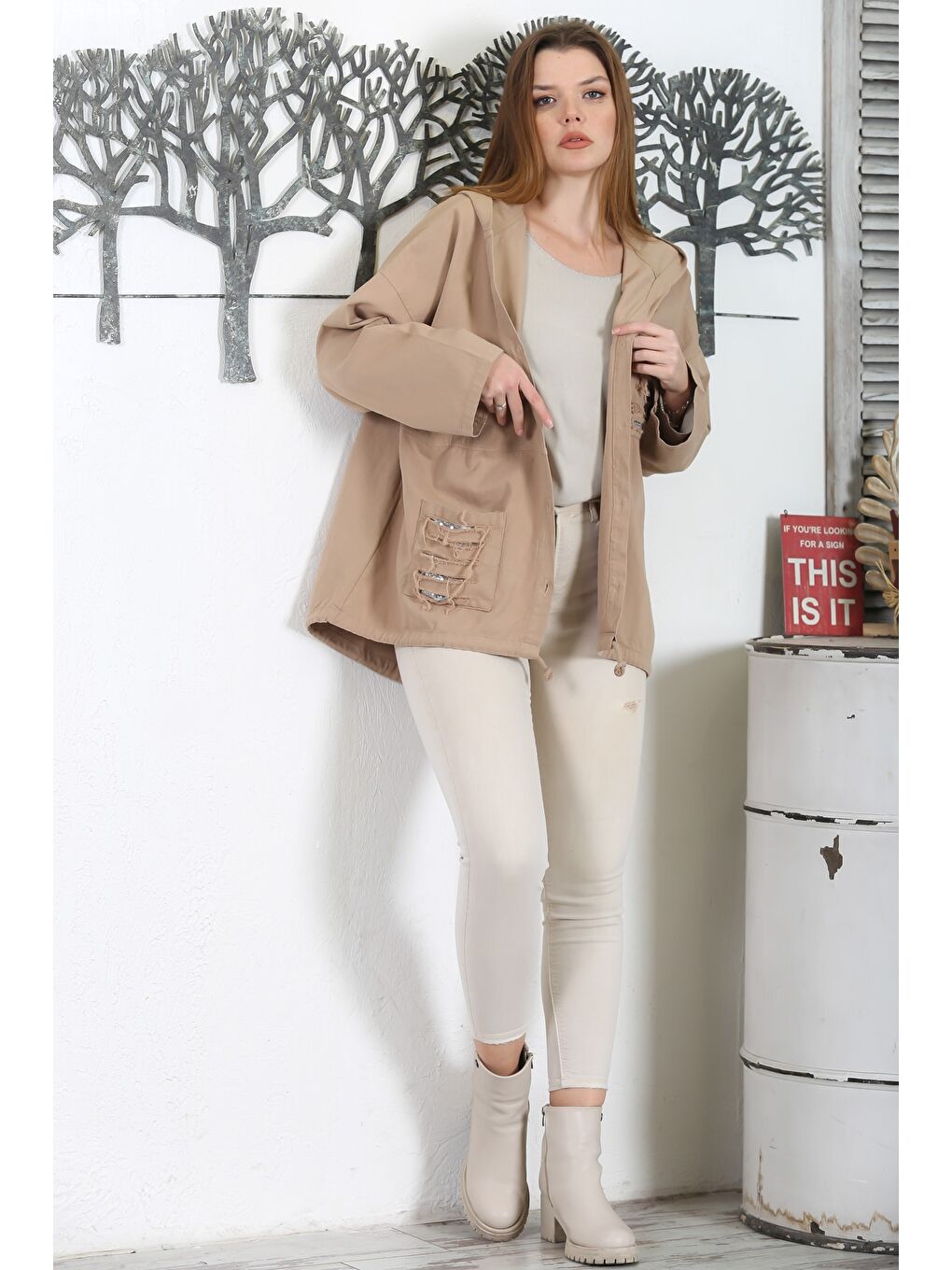 Kahverengi Açık Kahve Kapüşonlu Uzun Kol Düğmeli Cepli Pul Payetli Casual Standart Boy Dokuma Ceket-5