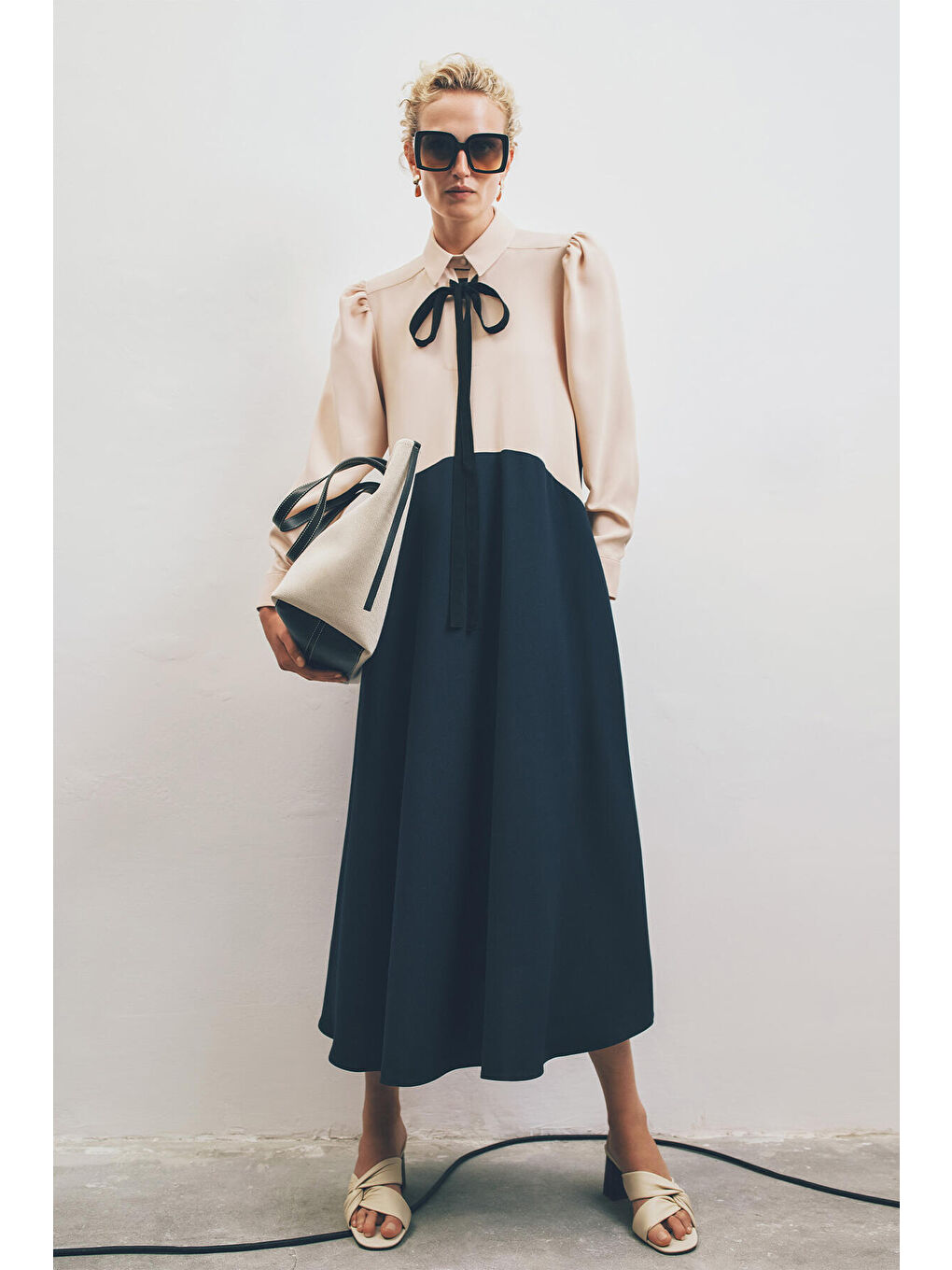 Lacivert Blok Renkli Krep Elbise