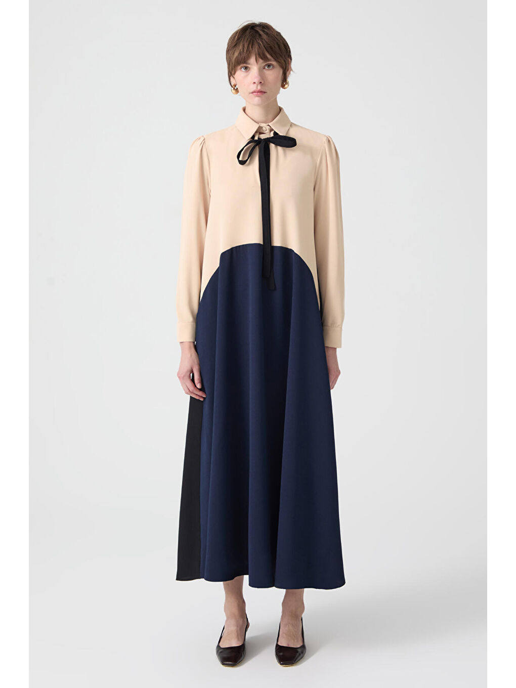 Lacivert Blok Renkli Krep Elbise-1