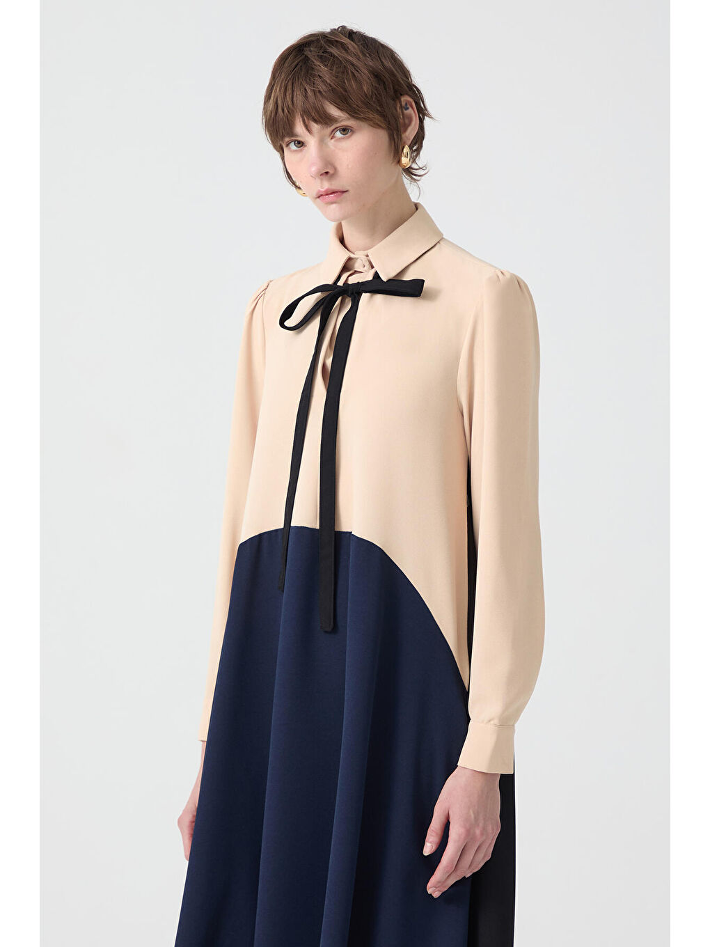 Lacivert Blok Renkli Krep Elbise-2