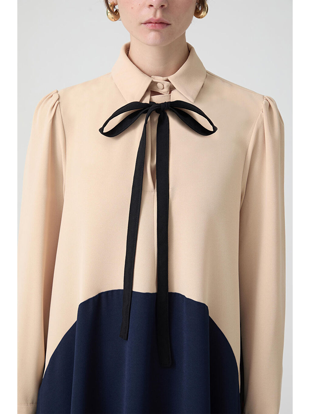 Lacivert Blok Renkli Krep Elbise-4