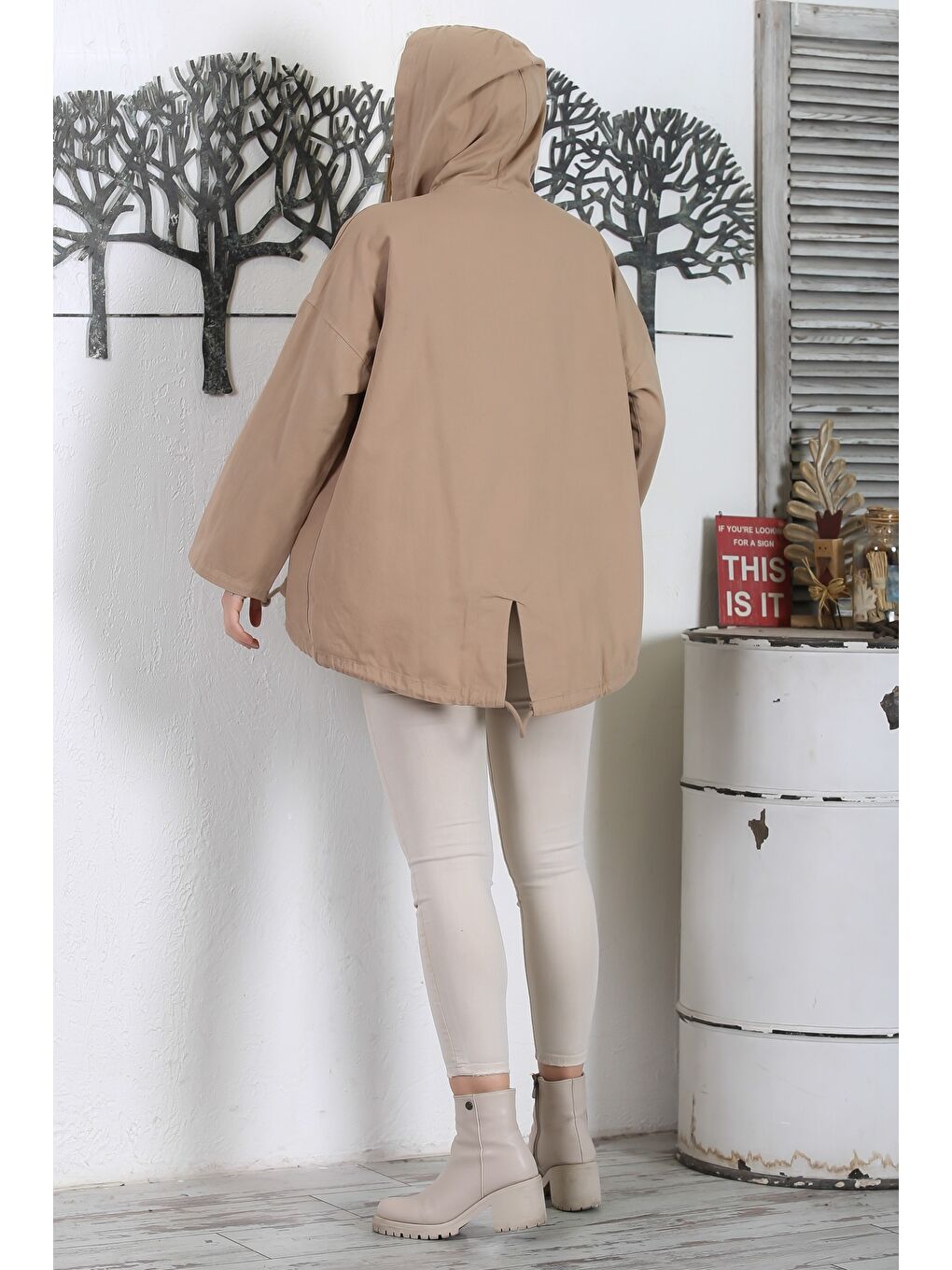 Kahverengi Açık Kahve Kapüşonlu Uzun Kol Düğmeli Cepli Pul Payetli Casual Standart Boy Dokuma Ceket-6