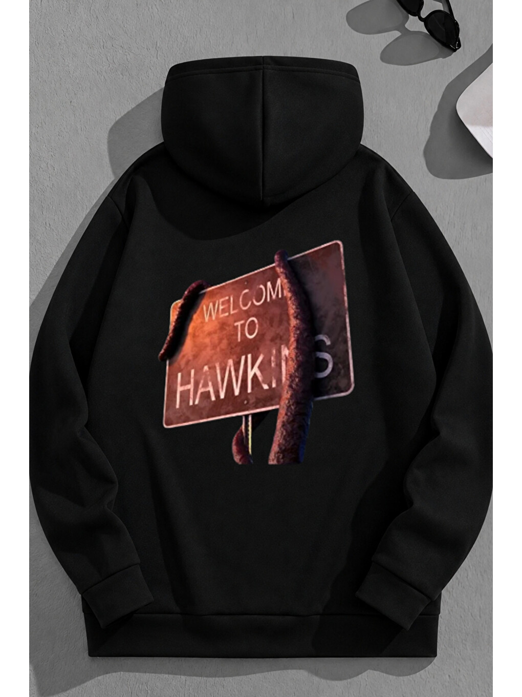 Unisex 3 İplik Pamuklu Siyah Welcometohawkins Baskı Bol Kalıp Sweatshirt Hoodie