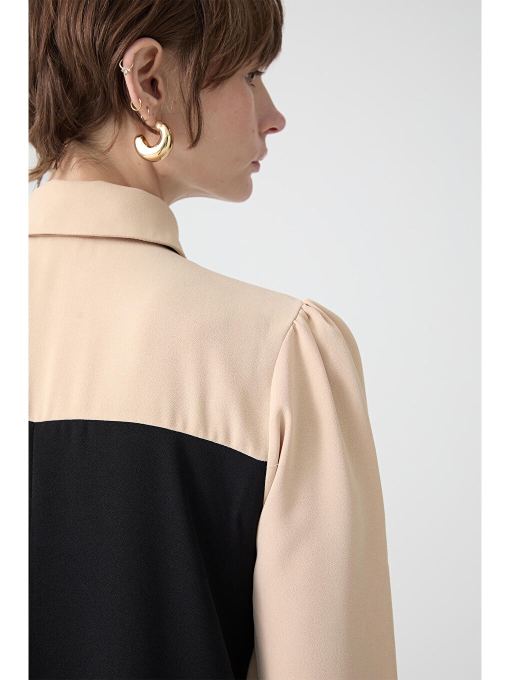 Lacivert Blok Renkli Krep Elbise-5