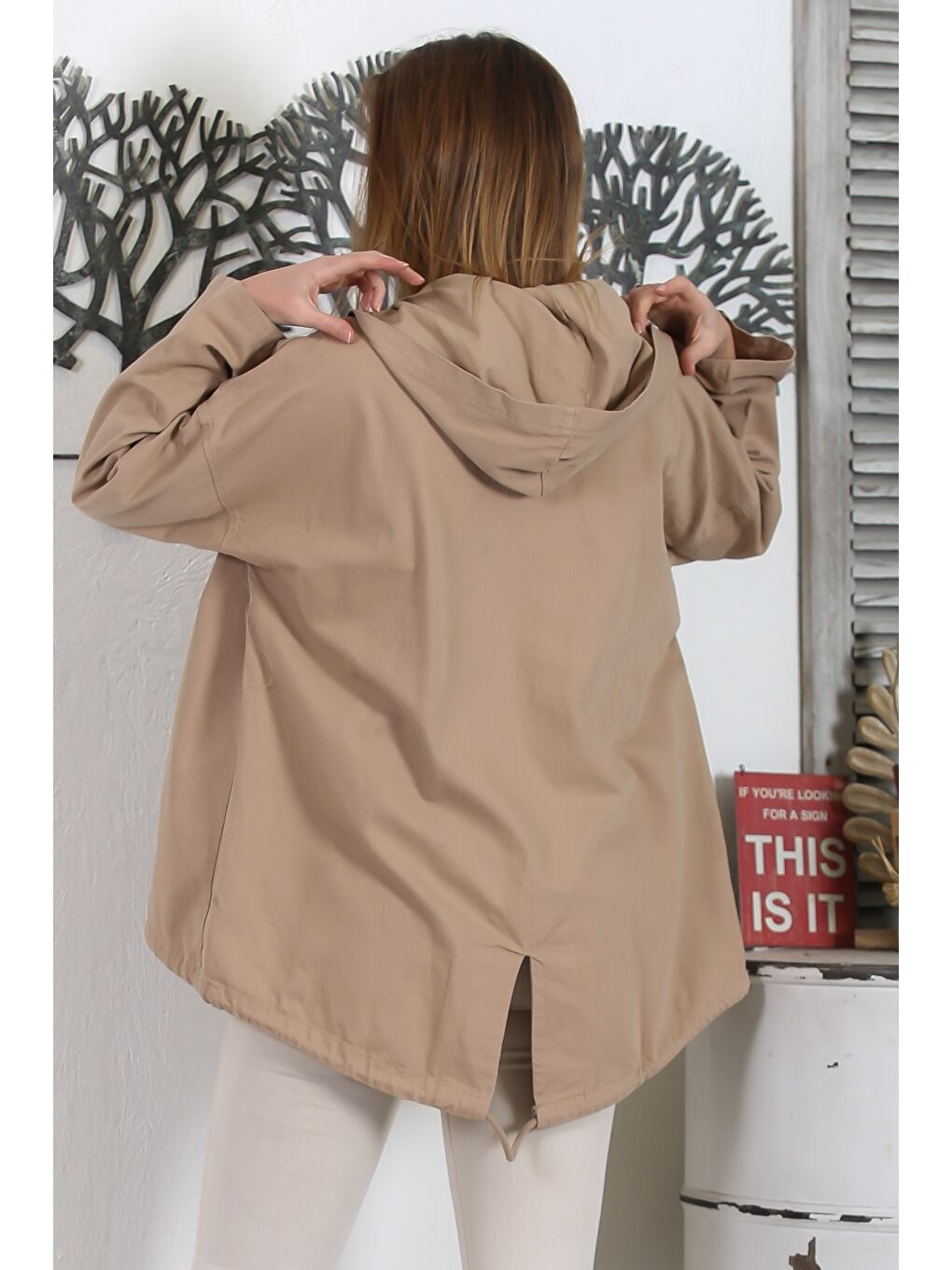 Kahverengi Açık Kahve Kapüşonlu Uzun Kol Düğmeli Cepli Pul Payetli Casual Standart Boy Dokuma Ceket-7
