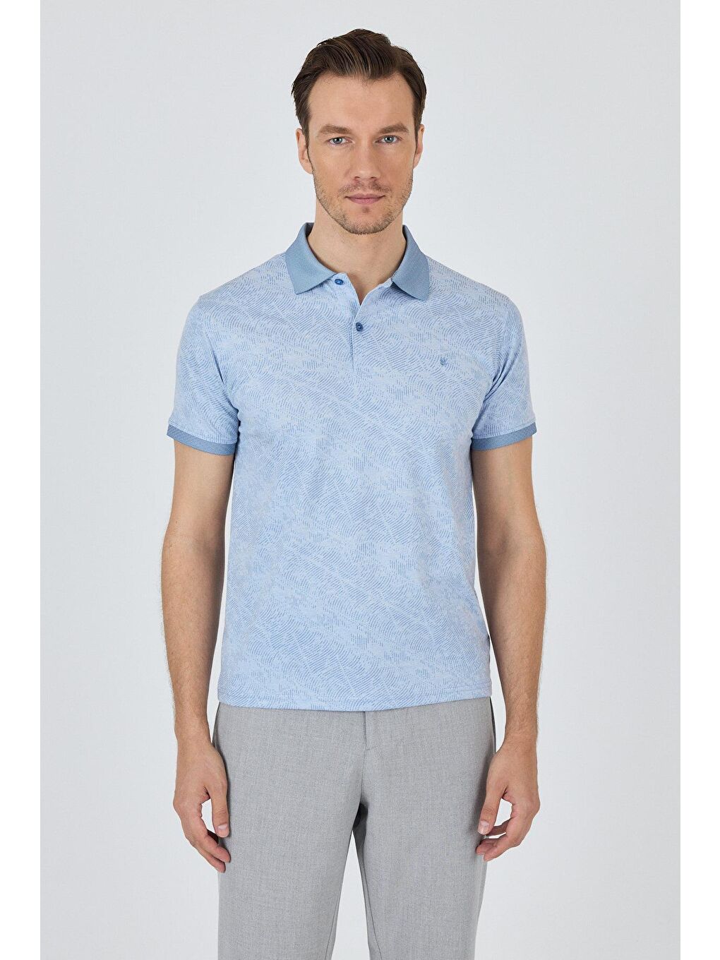 Koyu Mavi Kısa Kol Baskılı Pike Polo Yaka Cepsiz Esnek Casual Slim Fit Tişört 1011250152