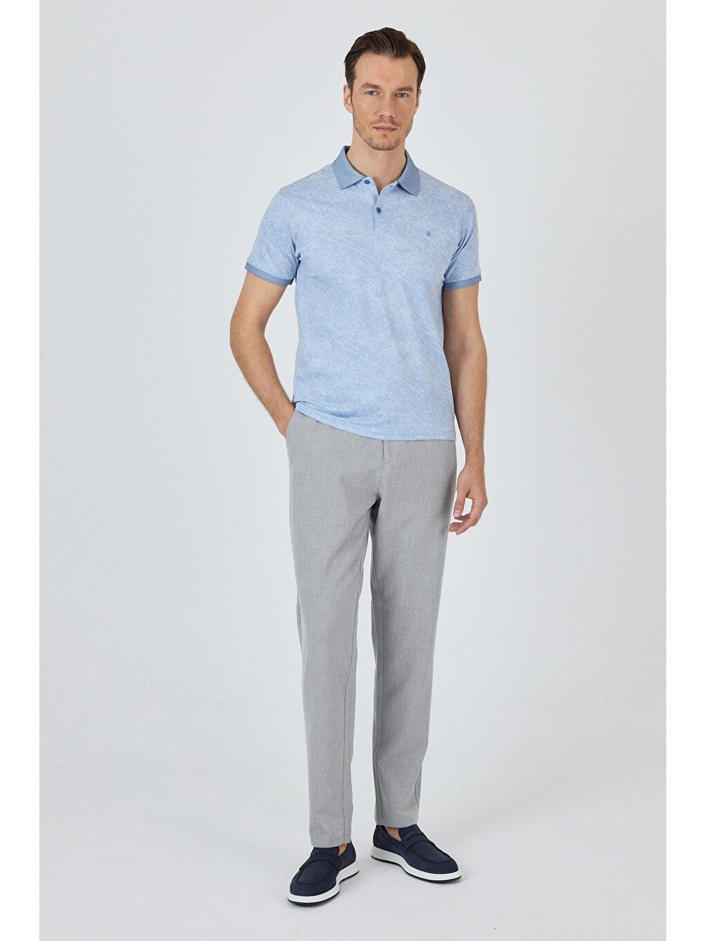 Koyu Mavi Kısa Kol Baskılı Pike Polo Yaka Cepsiz Esnek Casual Slim Fit Tişört 1011250152-1