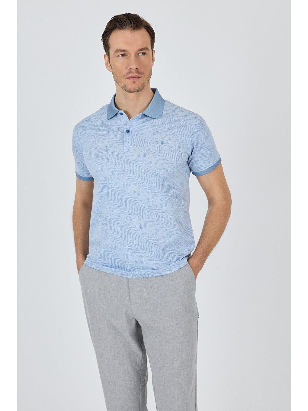 Koyu Mavi Kısa Kol Baskılı Pike Polo Yaka Cepsiz Esnek Casual Slim Fit Tişört 1011250152-2