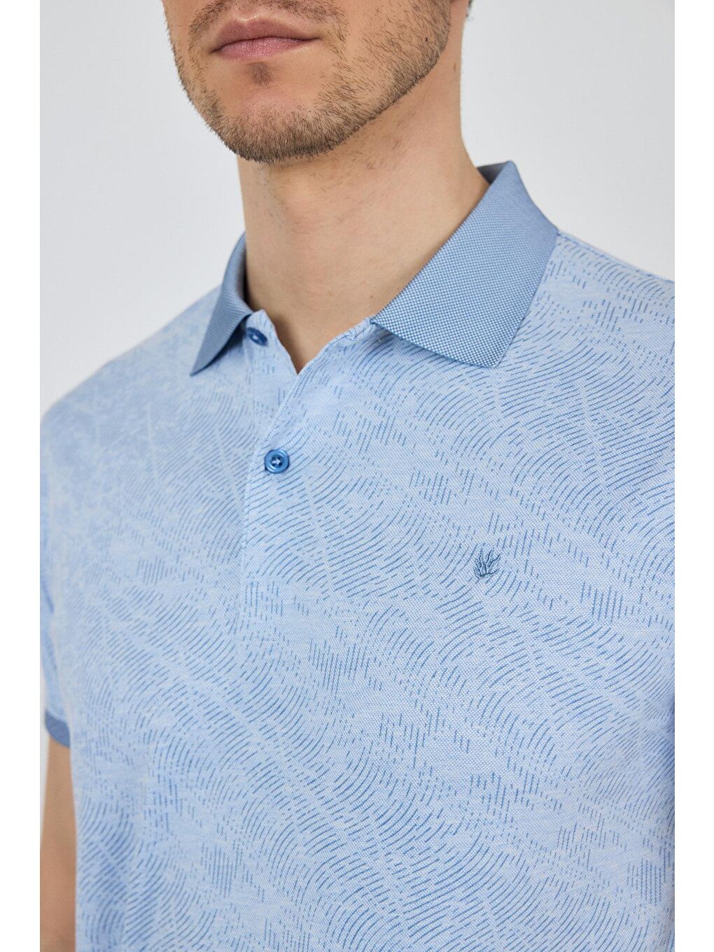 Koyu Mavi Kısa Kol Baskılı Pike Polo Yaka Cepsiz Esnek Casual Slim Fit Tişört 1011250152-3