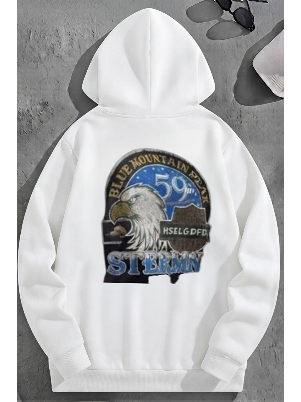 Unisex 3 İplik Pamuklu Beyaz Stermn Baskı Bol Kalıp Sweatshirt Hoodie